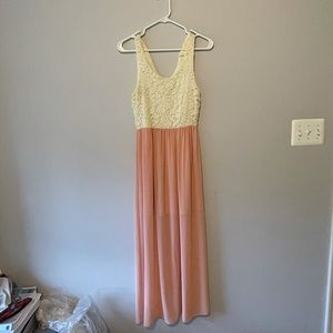 Maxi dress with cream top and pink skirt